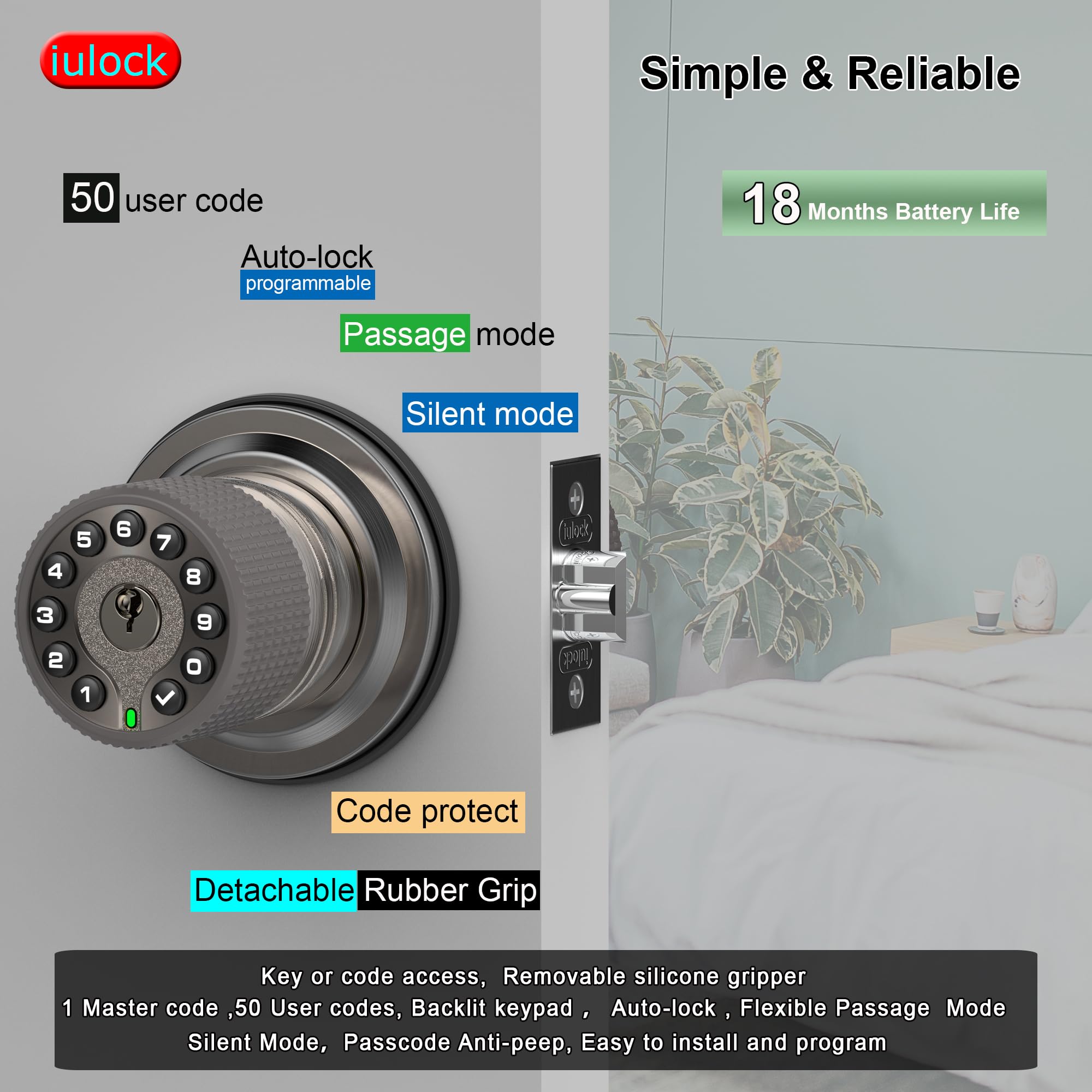 iulock smart door knob side view with rubber grip offers comfortable handling and durability