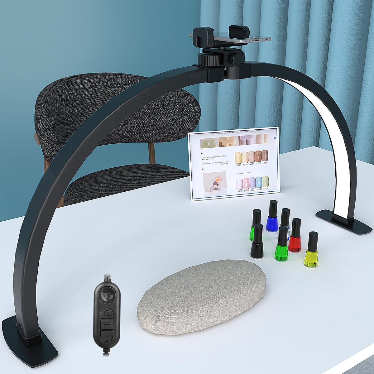 iVict Half Moon Light at nail desk with phone stand for hands-free recording.