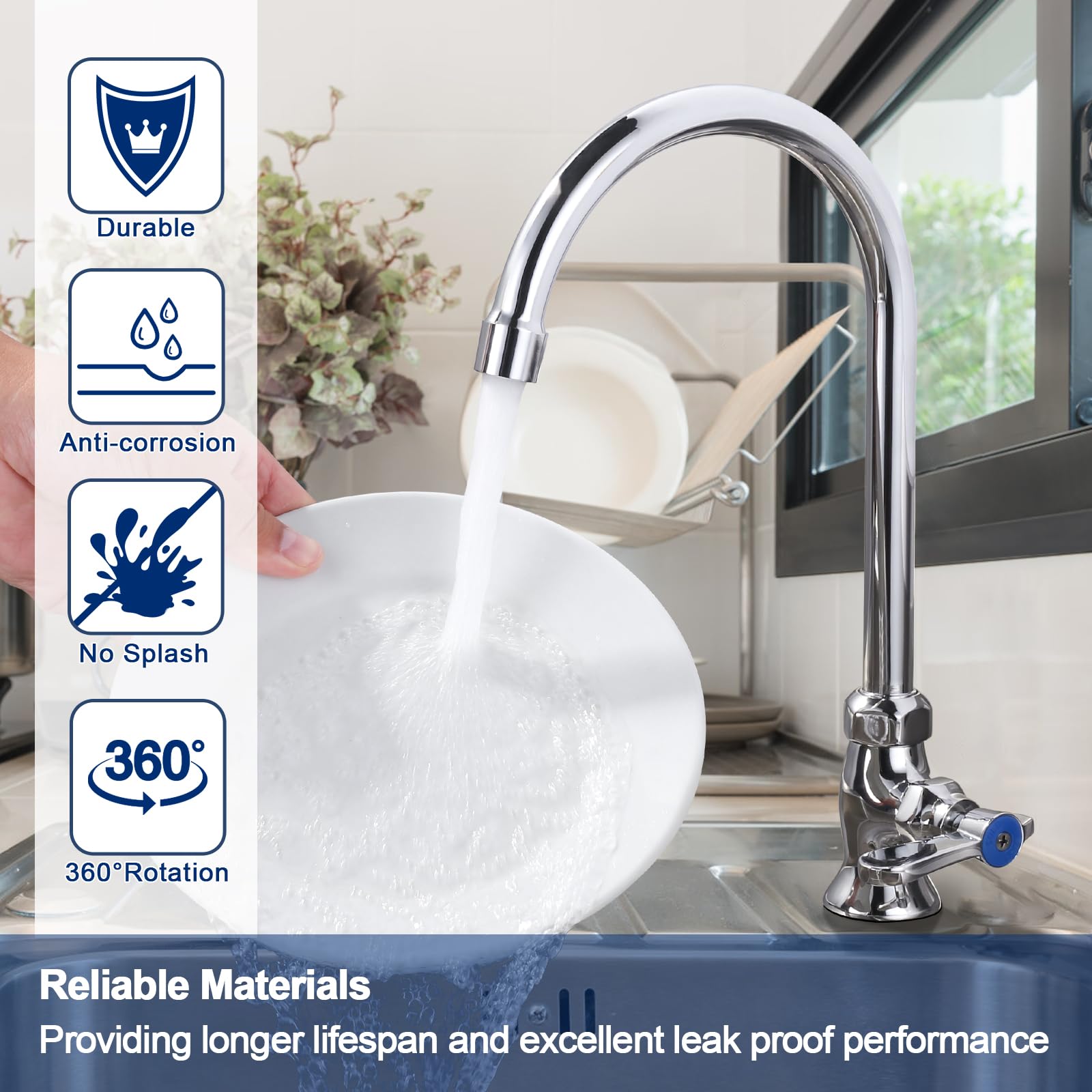 IVIGA deck-mount kitchen faucet with solid brass construction and chrome finish.