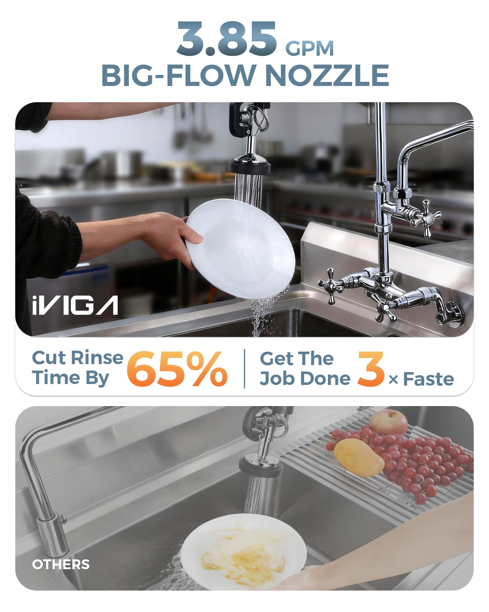 High-pressure spray delivers powerful rinsing for fast, thorough cleaning.