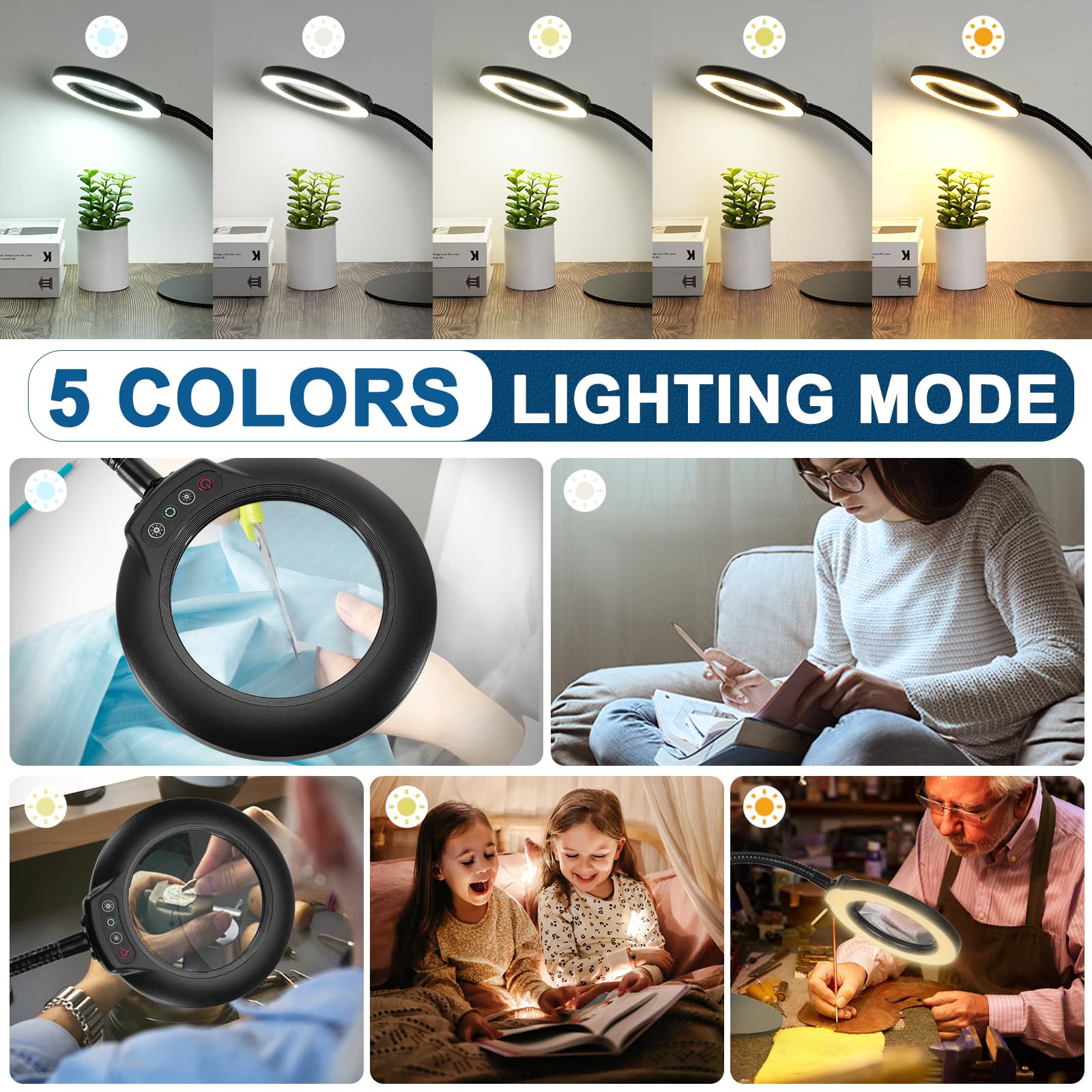 IVMAIE magnifier lamp with five color modes and adjustable brightness for any task.