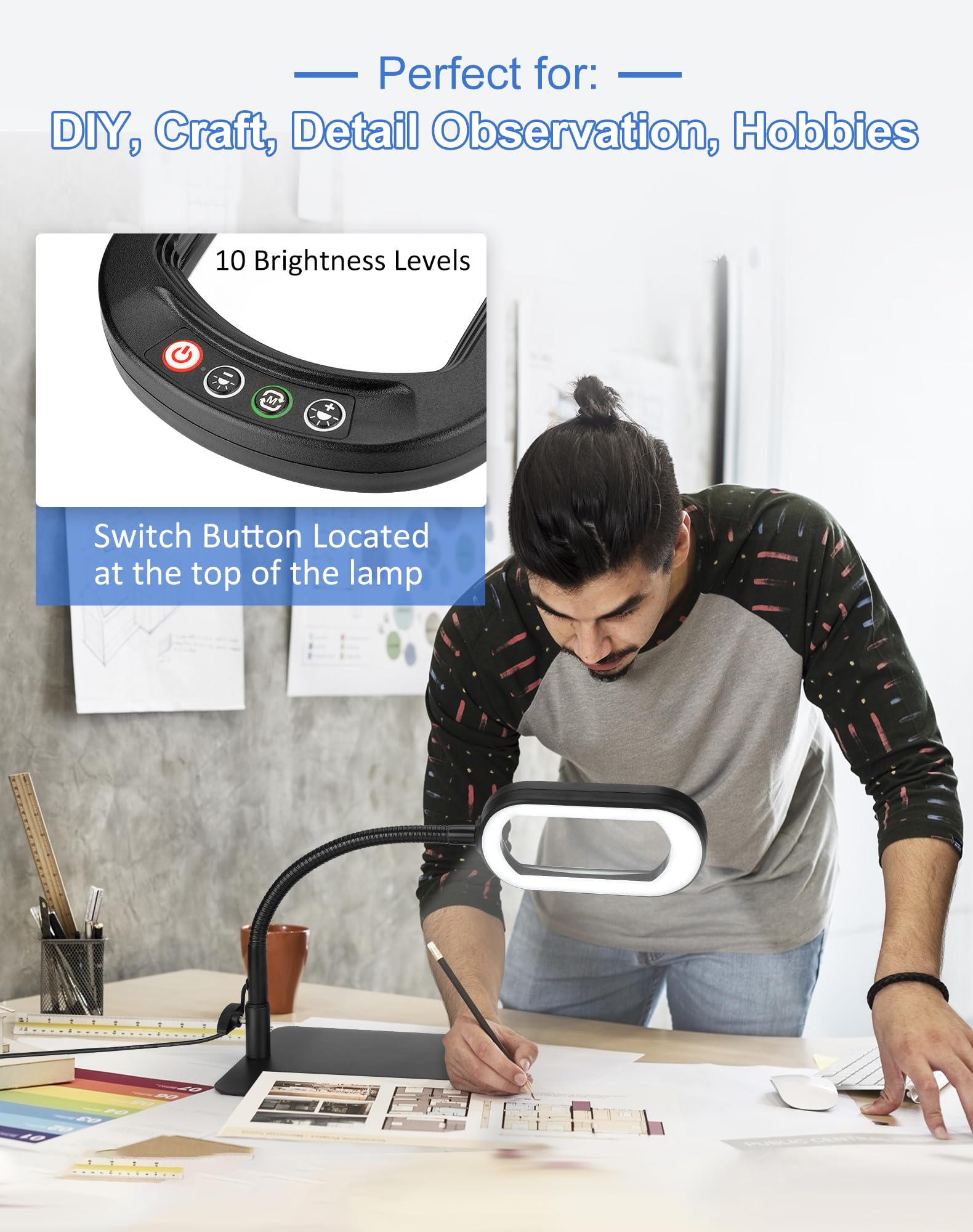 IVMAIE magnifying desk lamp with memory button keeps preferred brightness.
