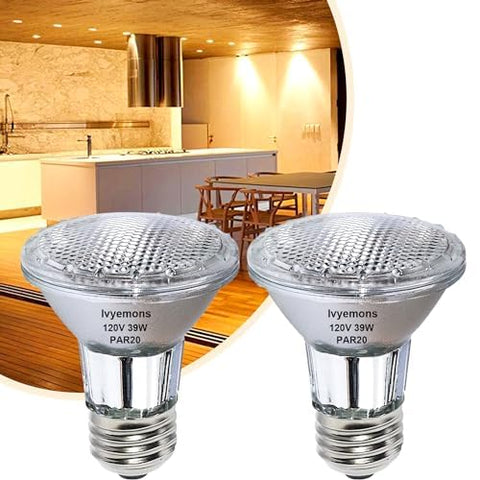 Ivyemons PAR20 flood 39W 120V bulb delivering 480 lumens for recessed lighting.