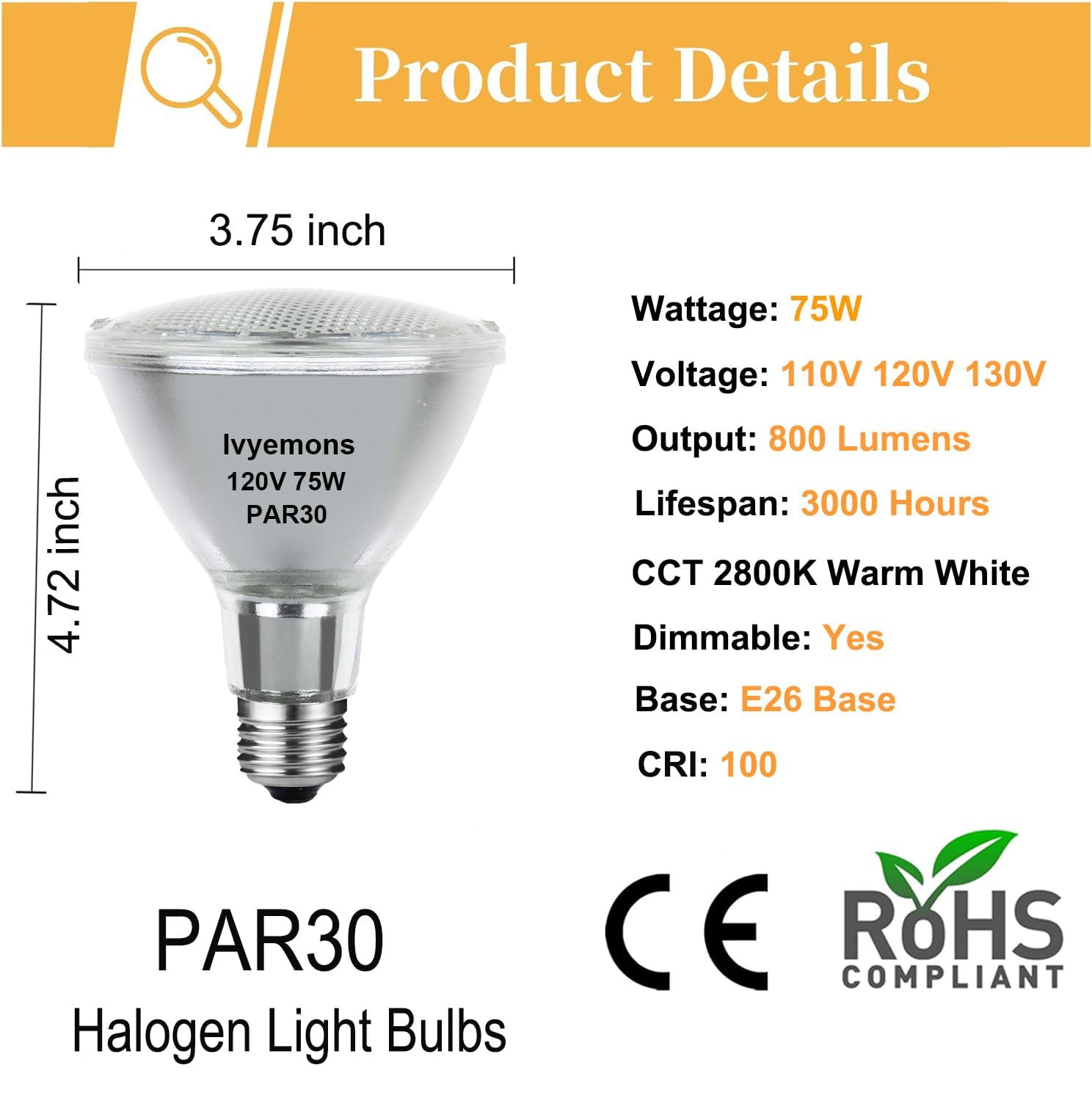Ivyemons Par30 warm white 2800K 800lm for cozy living room ambiance
