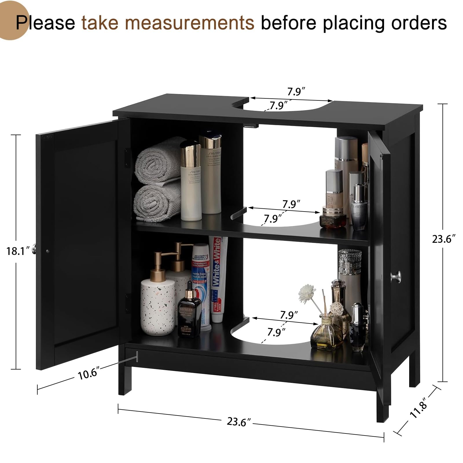Iwell black bathroom cabinet front view with durable finish