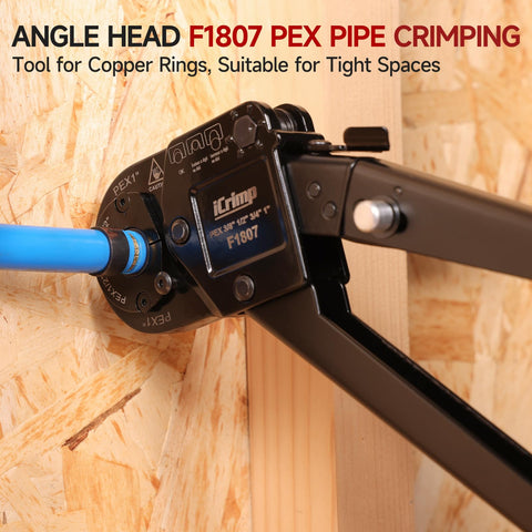 Angle head reaches tight spaces for secure crimps