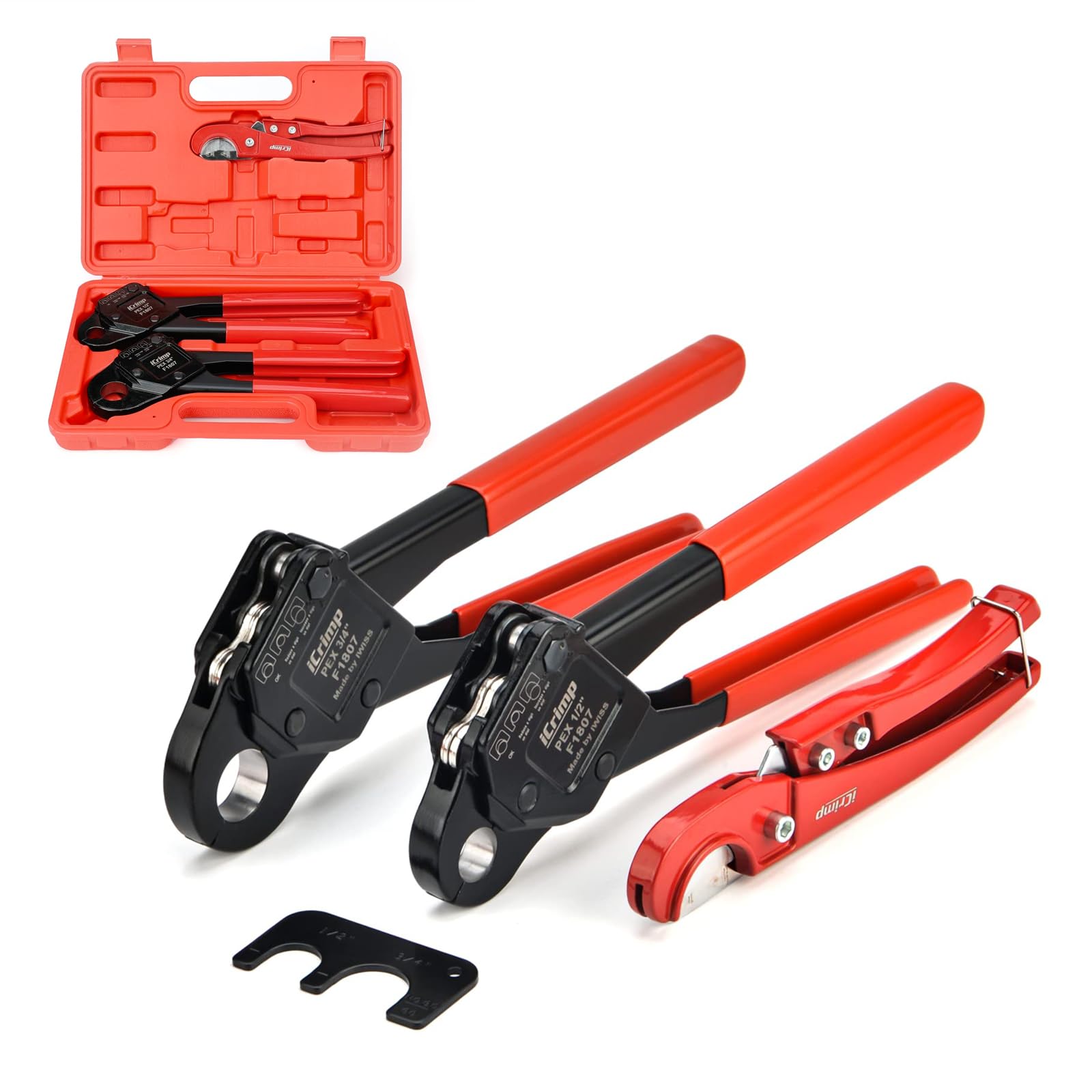 IWISS iCrimp angle head tool ready for PEX crimping in tight spaces