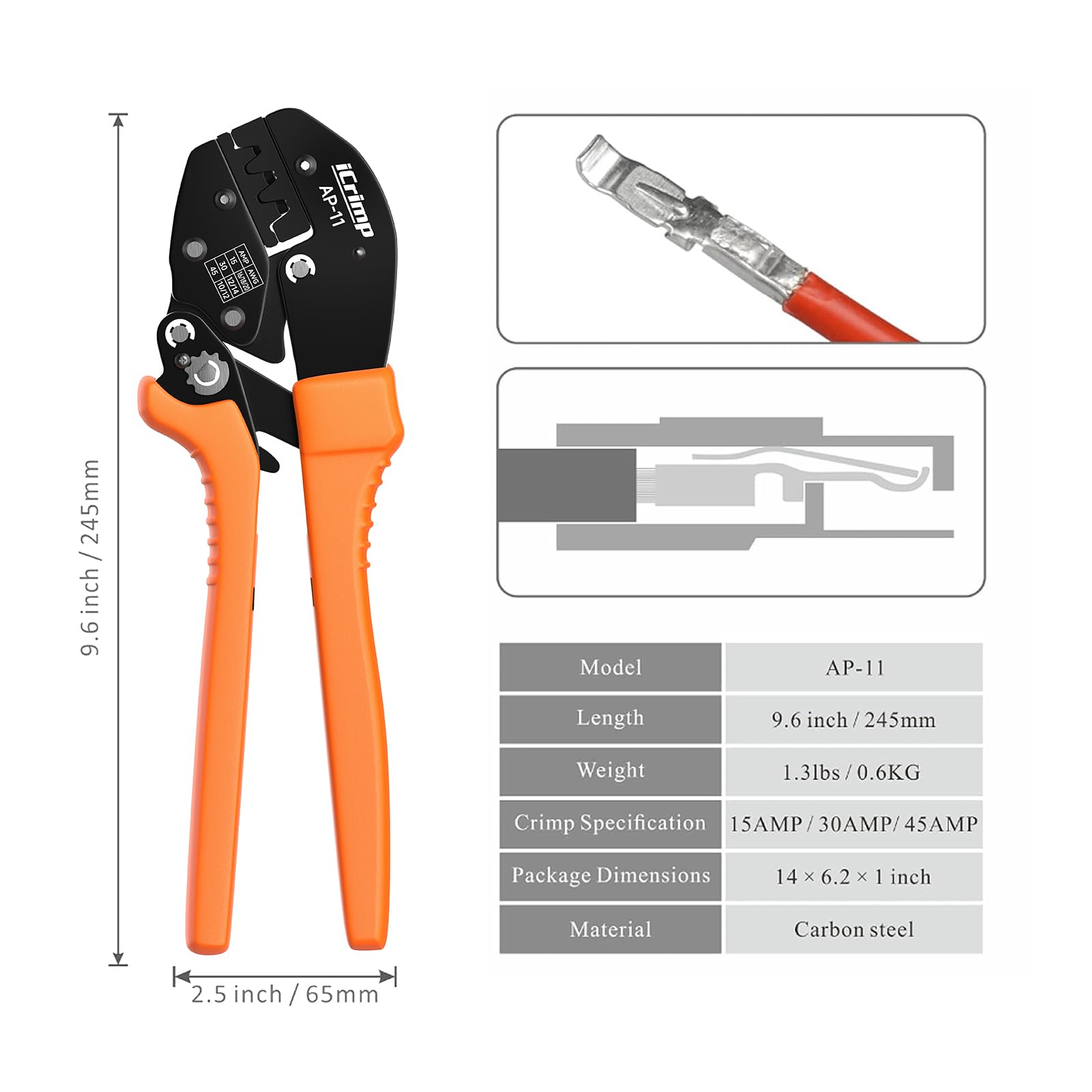 IWISS iCrimp AP-11 tool with 30A jaw crimping 14-12 AWG for high-current connectors