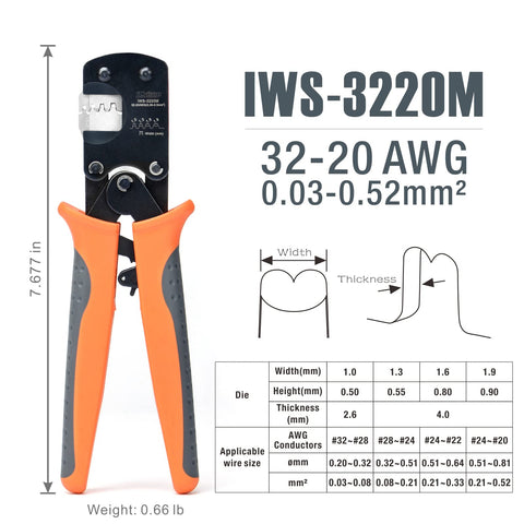 Jaw detail on IWISS IWS-3220M illustrating dual conductor-insulation crimp
