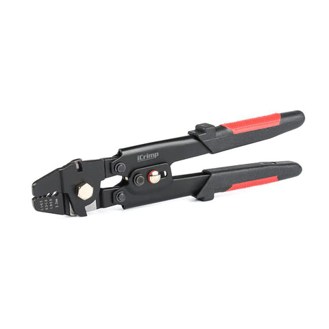 IWISS iCrimp tool jaws close-up shows hardened steel and rust-resistant finish