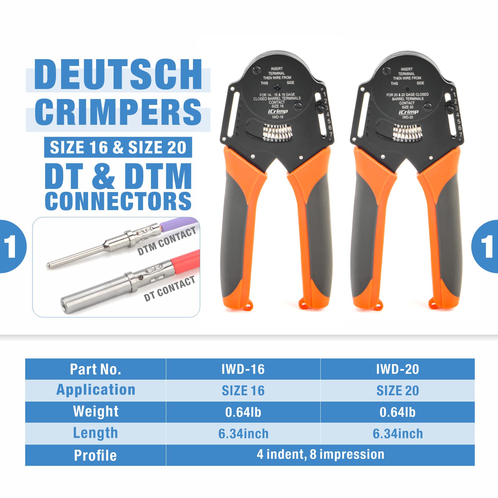 IWISS iCrimp IWD-16 Deutsch crimpers deliver precise four-way indent crimps.