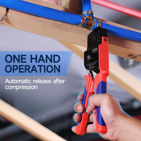 IWISS iCrimp in-hand operation shows one-handed use for quick plumbing tasks