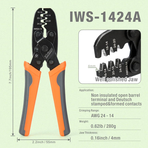 IWISS iCrimp tool shows parallel jaws for straight, consistent crimping.