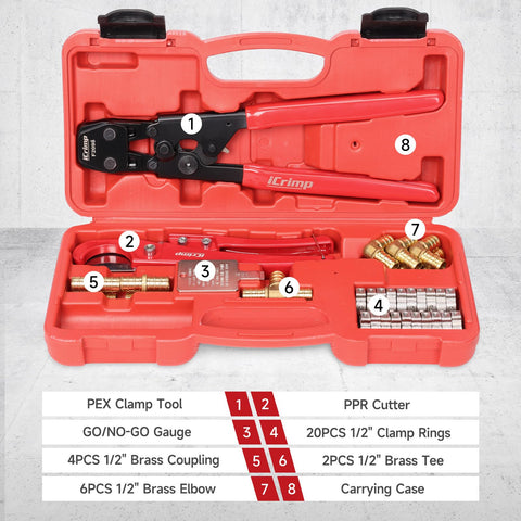IWISS iCrimp PEX clamps and tool set ready for 1/2-inch fittings.