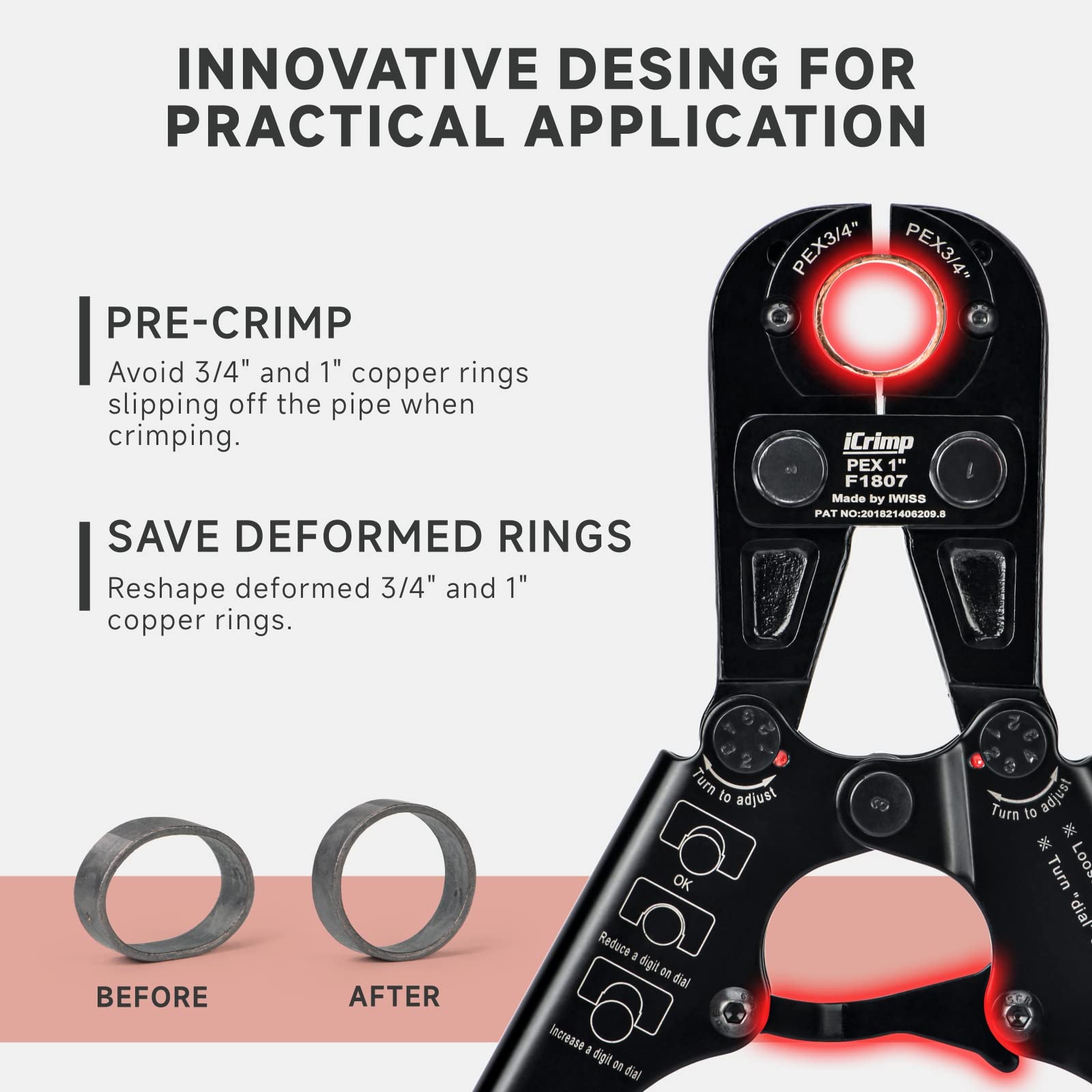 Gauge included with IWISS iCrimp PEX kit for sizing accuracy
