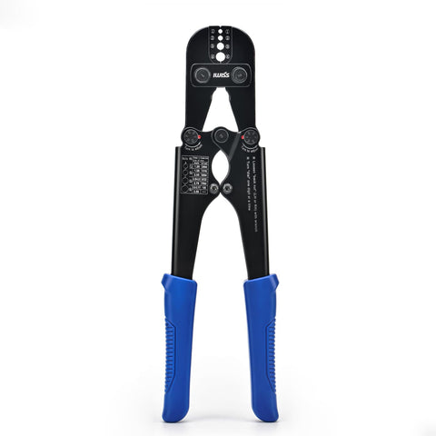 IWISS iCrimp tool applying aluminum oval sleeve crimp for durable rope connections.