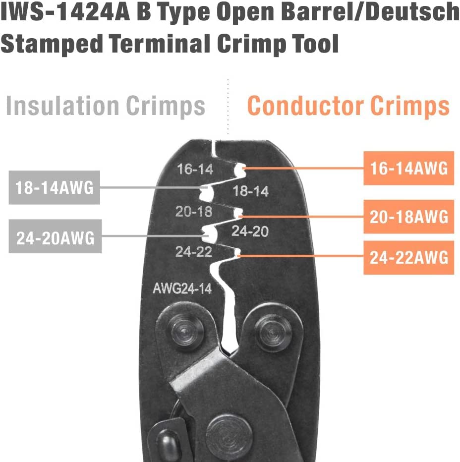 Two-step crimping action demonstrates conductor and insulation crimps in sequence.
