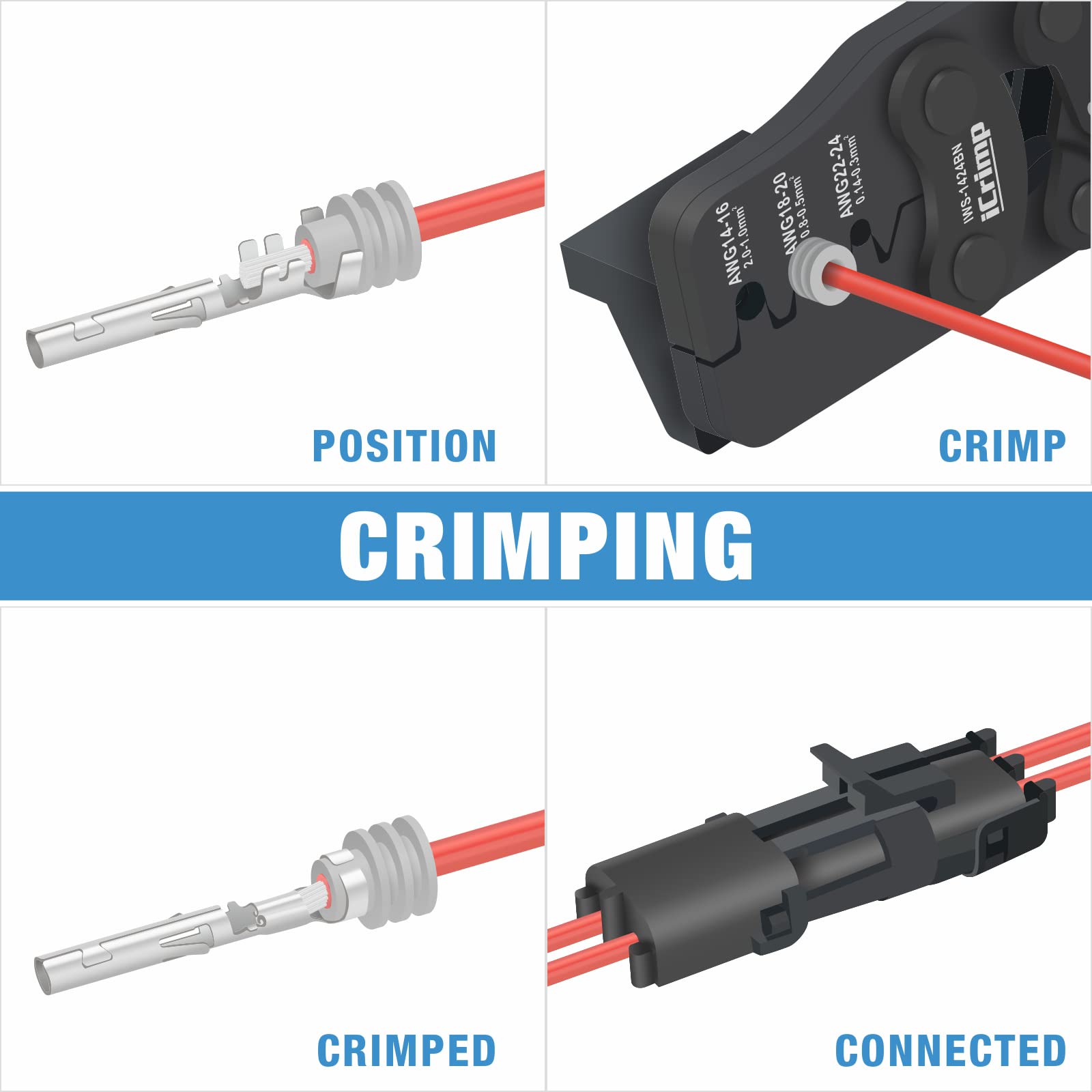 IWISS iCrimp Weather Pack crimp tool with locator stabilizes terminals during crimp