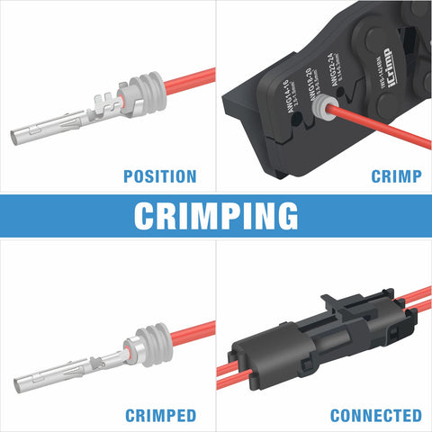 IWISS iCrimp Weather Pack crimp tool with locator stabilizes terminals during crimp