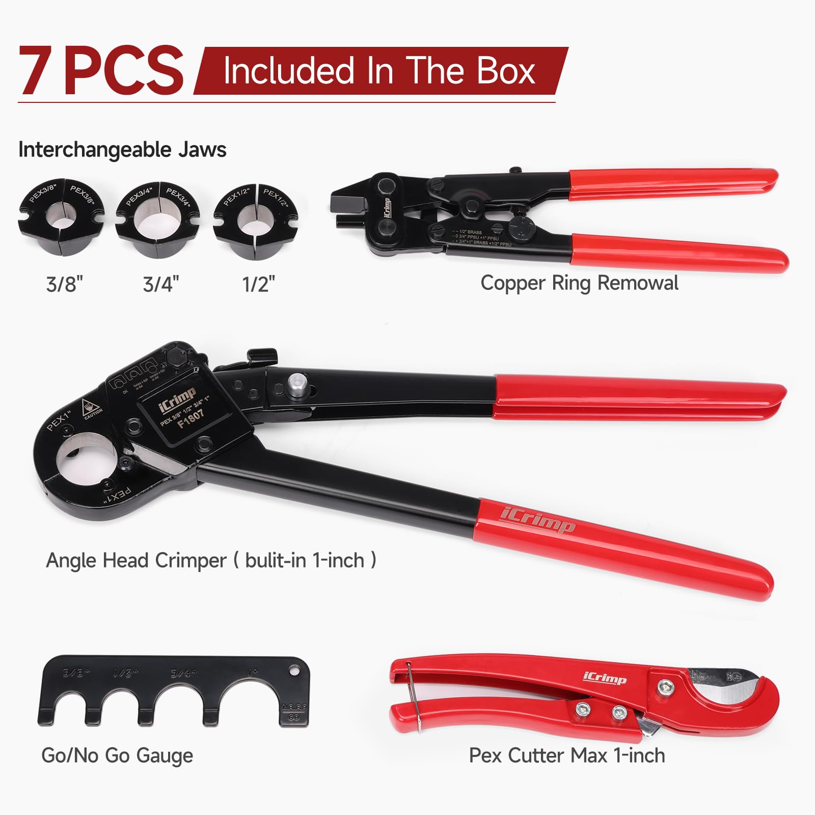 Interchangeable jaws for 3/8–1 inch PEX crimps with IWISS