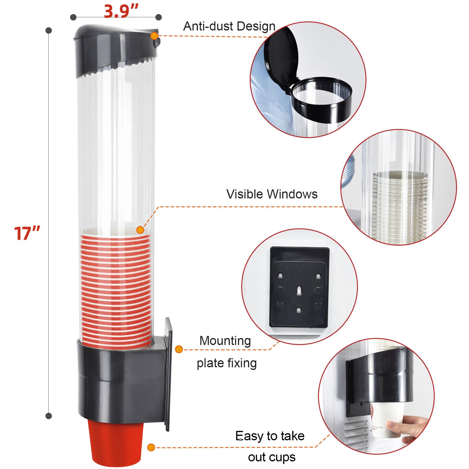 IWNTWY cup dispenser shows cups through a clear window for quick restock.