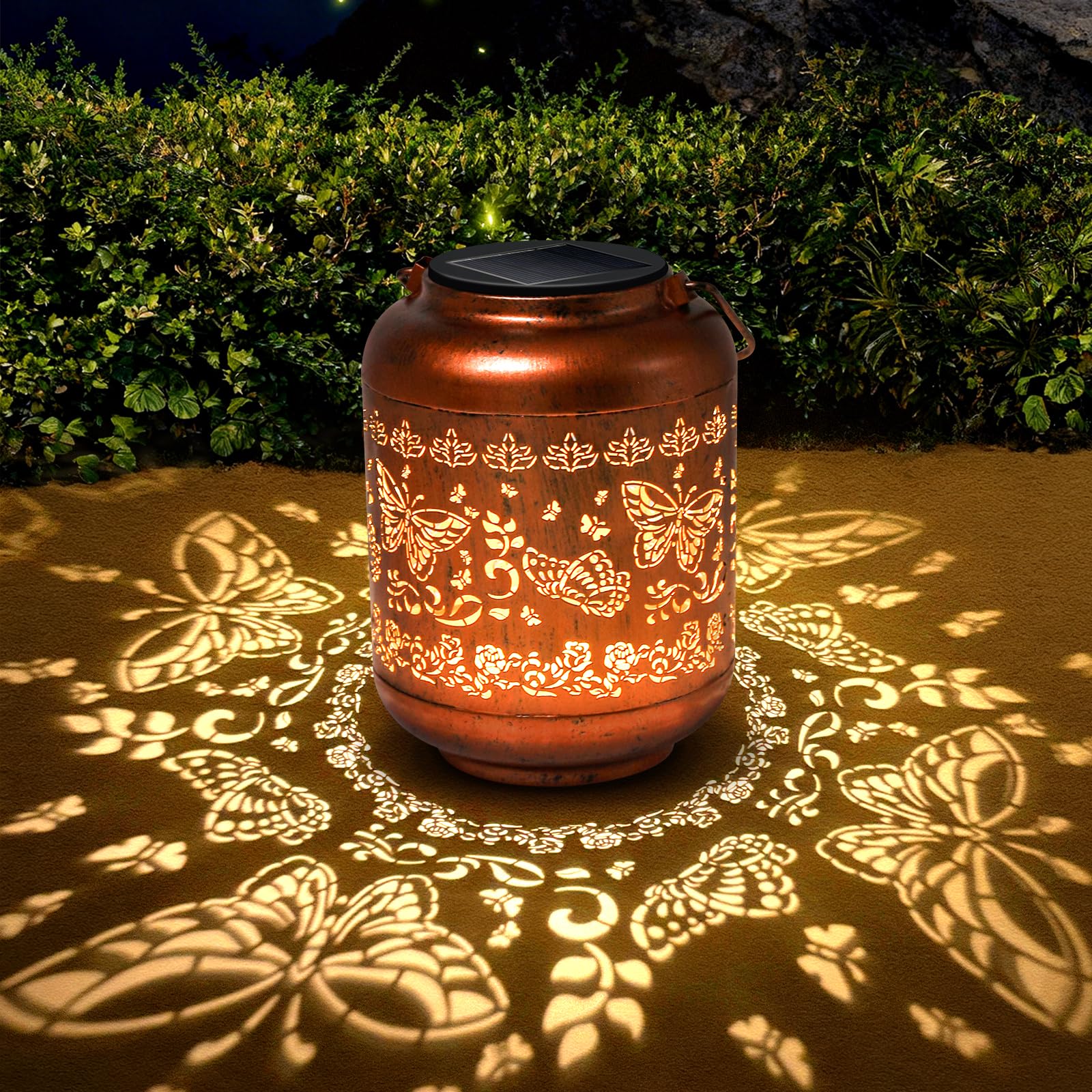 IYEZIGI butterfly solar lantern with cutouts creates enchanting garden illumination.