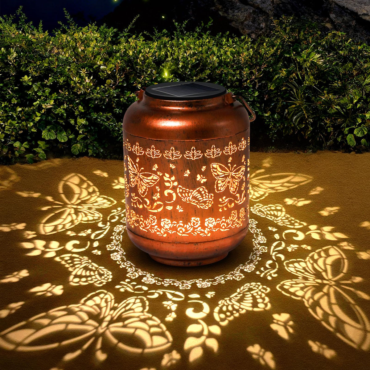 IYEZIGI butterfly solar lantern with cutouts creates enchanting garden illumination.