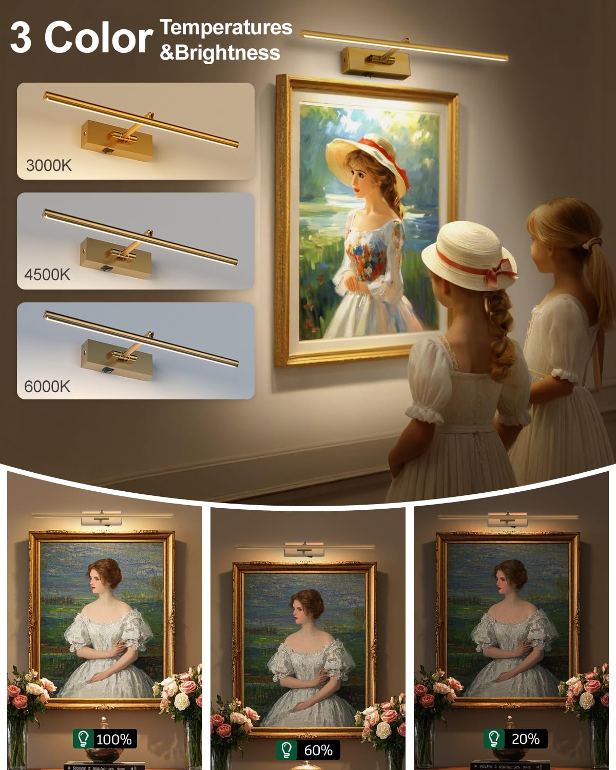 iYoee 3CCT dimmable gold wall art light shown illuminating a canvas with adjustable brightness