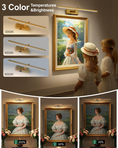 iYoee 3CCT dimmable gold wall art light shown illuminating a canvas with adjustable brightness