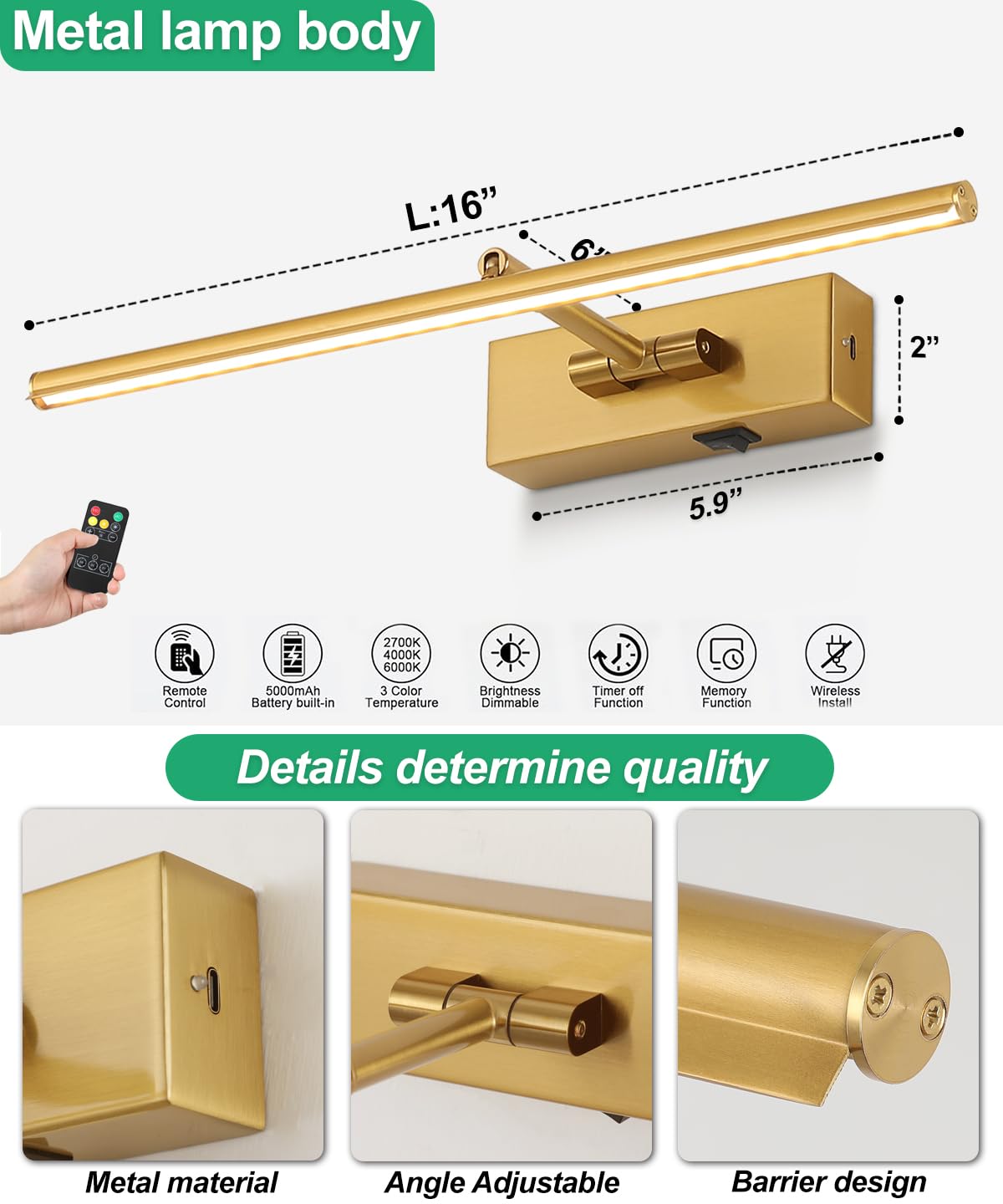 iYoee easy, no-wiring wall mount for quick, secure installation of the picture light