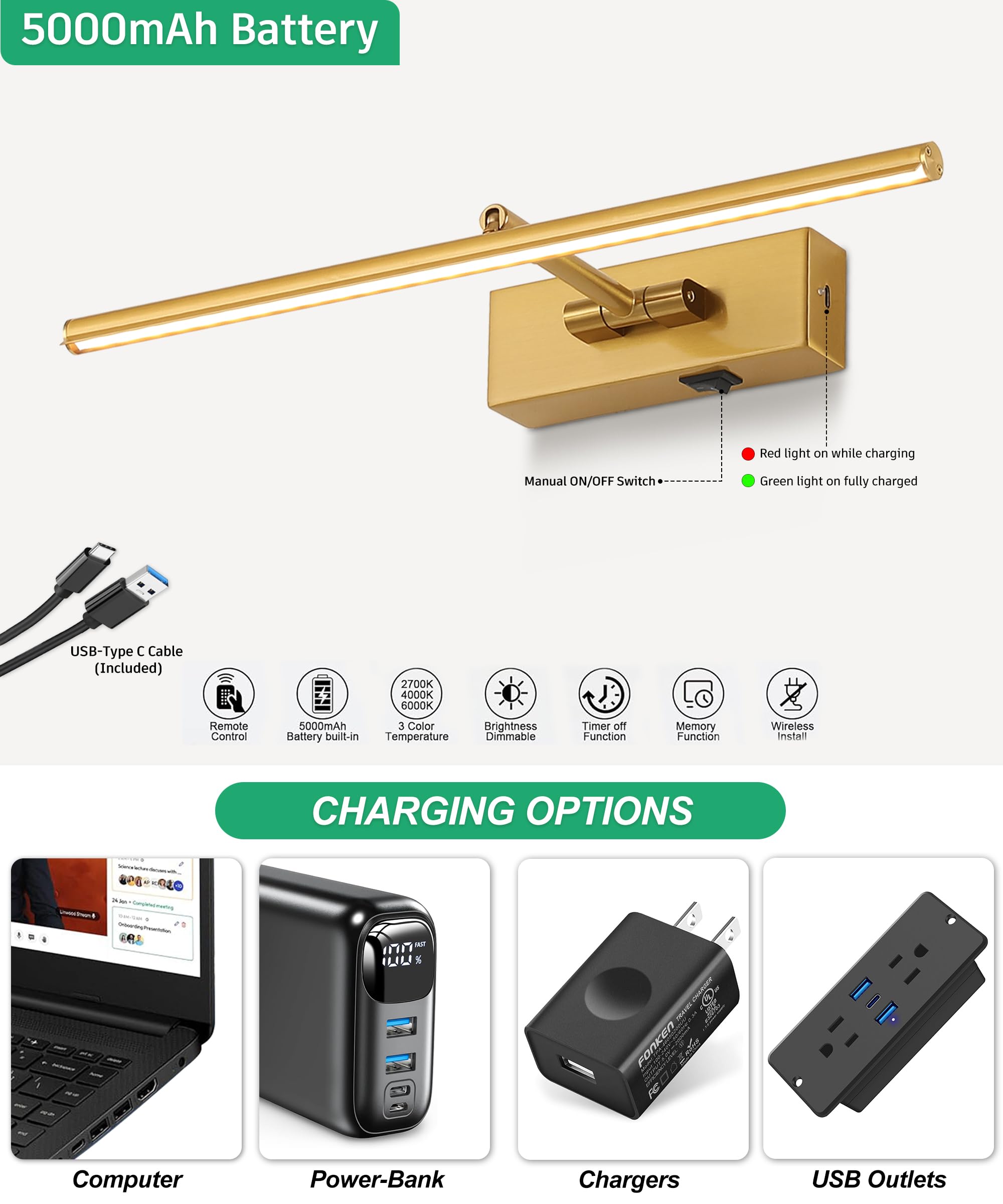 iYoee USB-C charging cable included for convenient recharging of the picture light