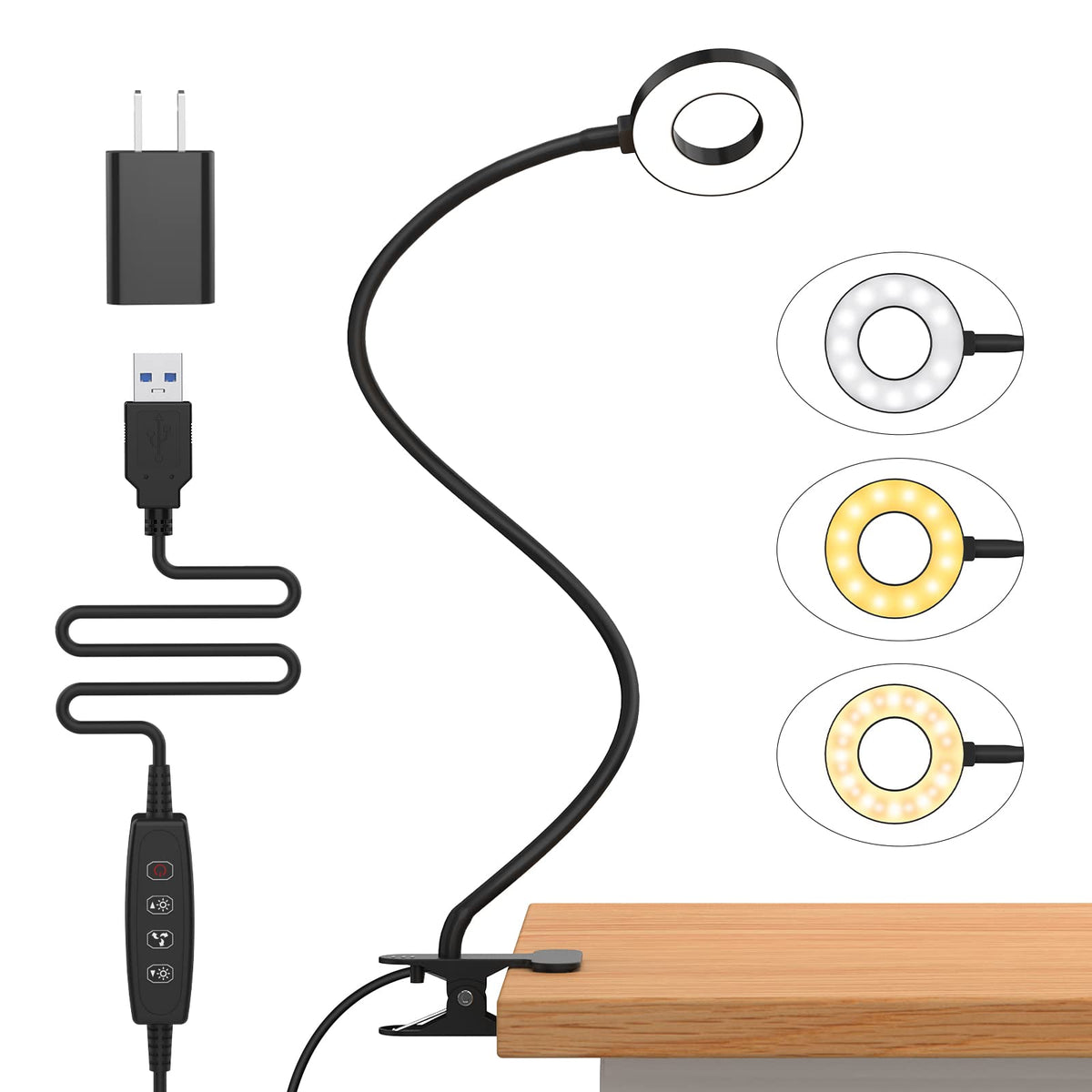 iZELL desk lamp clipped to bed headboard for cozy nighttime reading