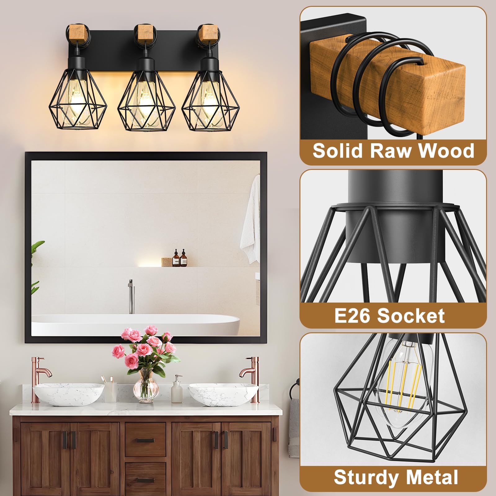 IZORRO 3-light vanity light over mirror highlighting rustic charm