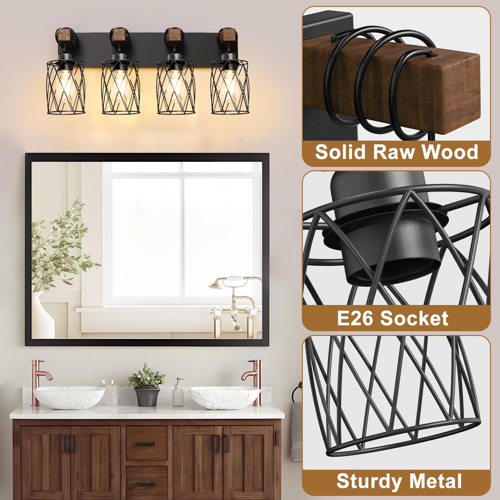 IZORRO black industrial vanity light with cage shade adds rustic charm above mirrors.