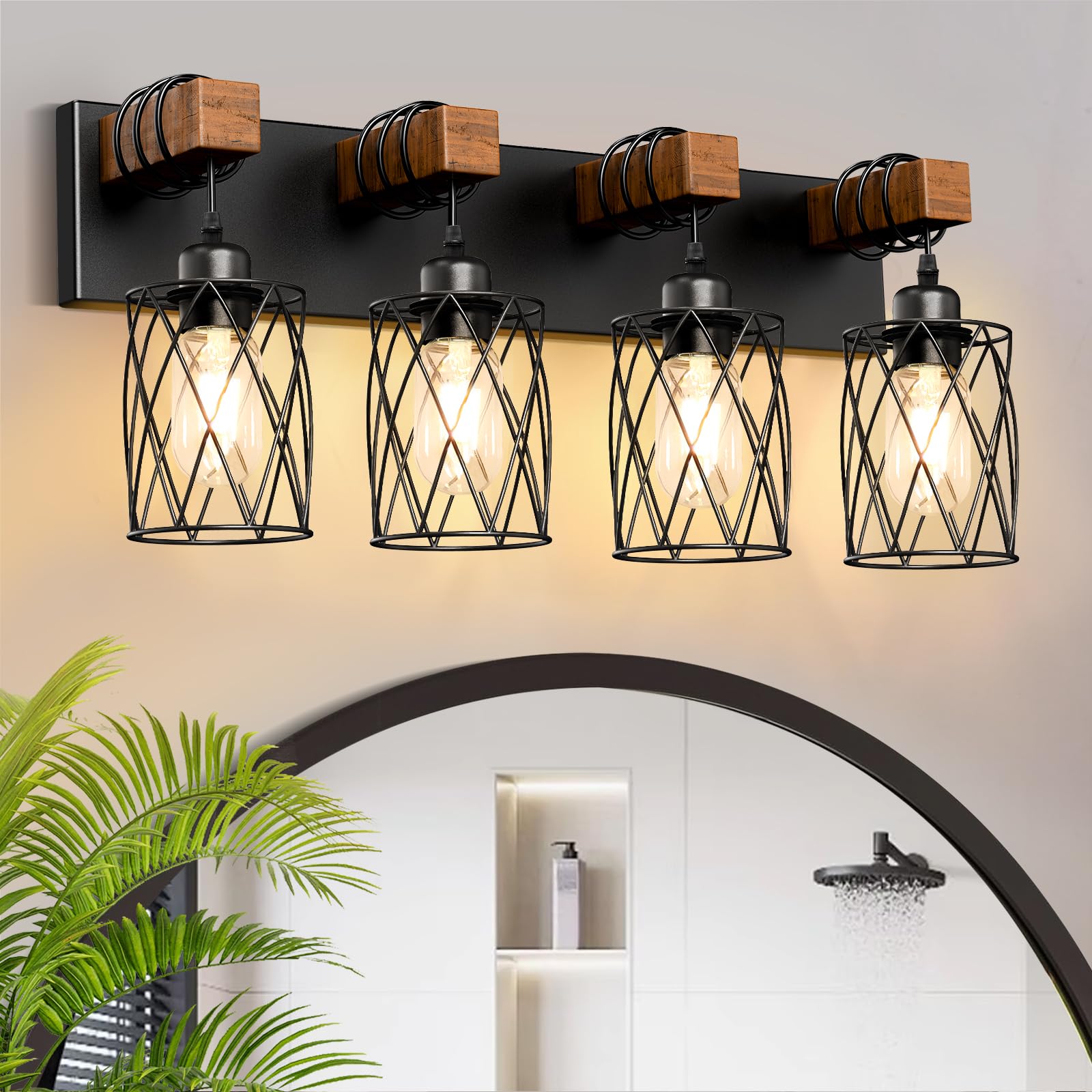 IZORRO farmhouse bathroom light over mirror with wood and cage design offers elegant bathroom glow.