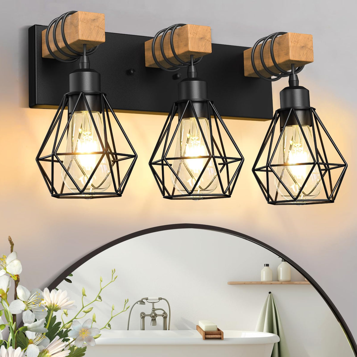 IZORRO farmhouse bathroom light with wood and black cage