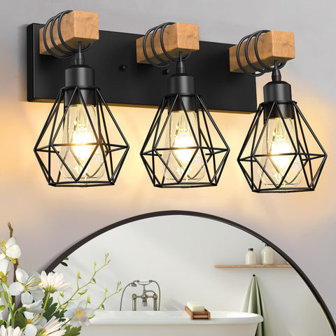 IZORRO farmhouse bathroom light with wood and black cage