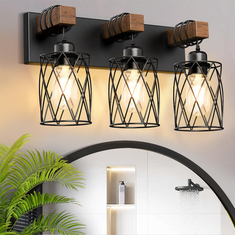 IZORRO farmhouse bathroom light with wood frame for warm ambience