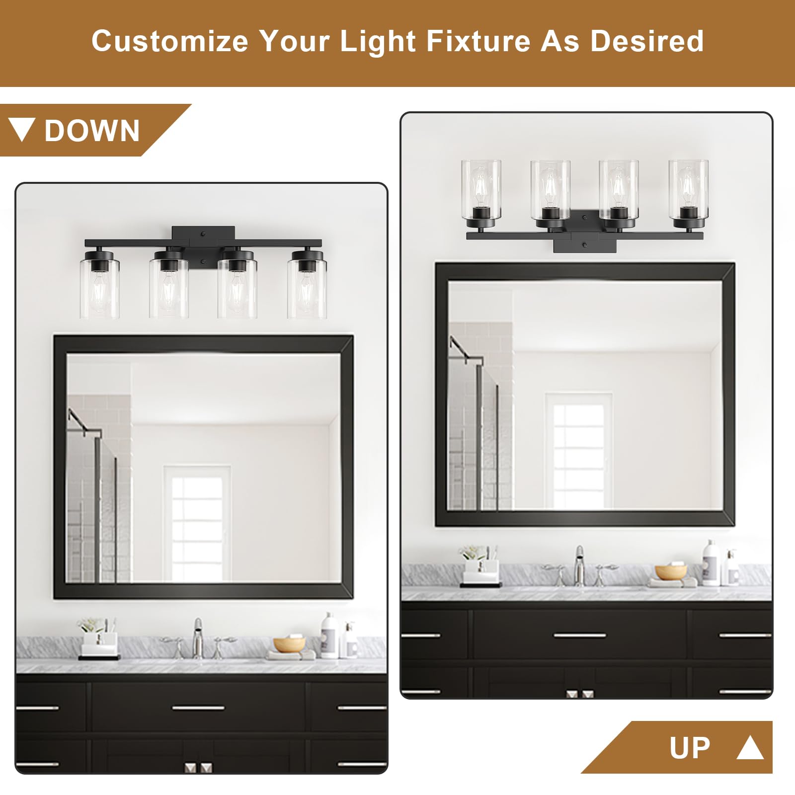 IZORRO vanity light matte black frame adds contemporary style above mirrors