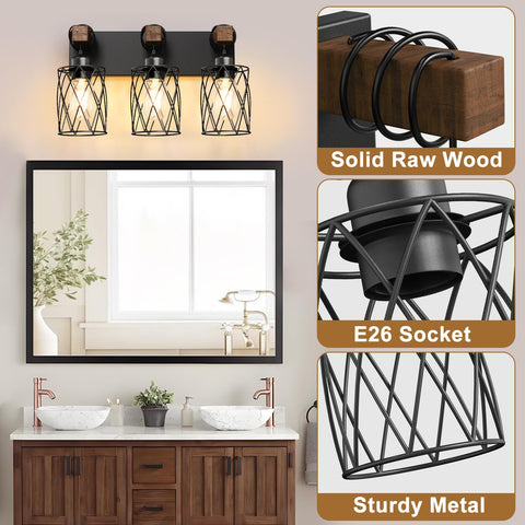 IZORRO vanity light over mirror in wood and metal elevates decor