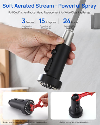 J-HVA matte black finish sprayer adds a modern look to kitchens.