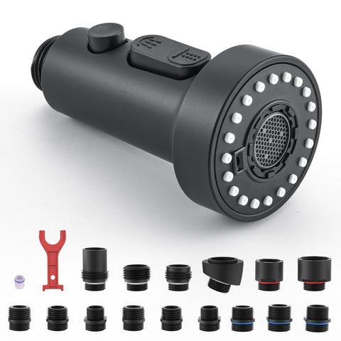 J-HVA pull-down sprayer head with 3 functions for versatile kitchen tasks.