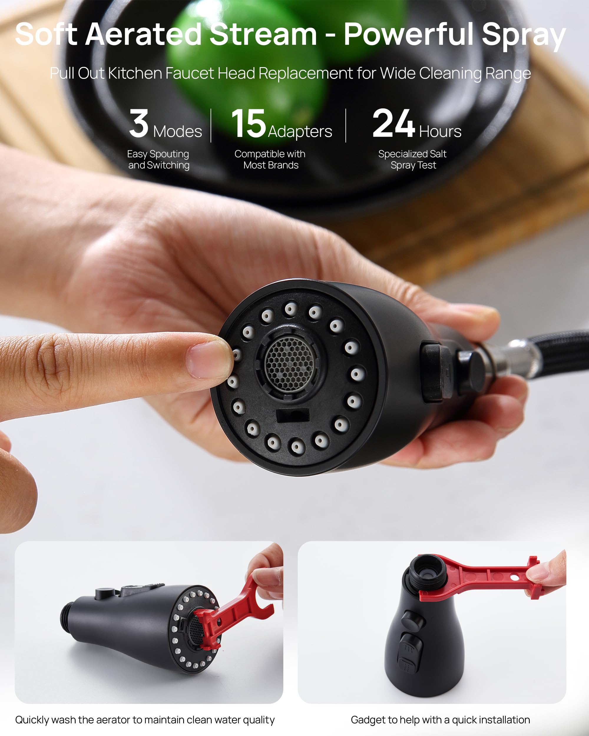 Silicone nozzles resist buildup and are easy to wipe