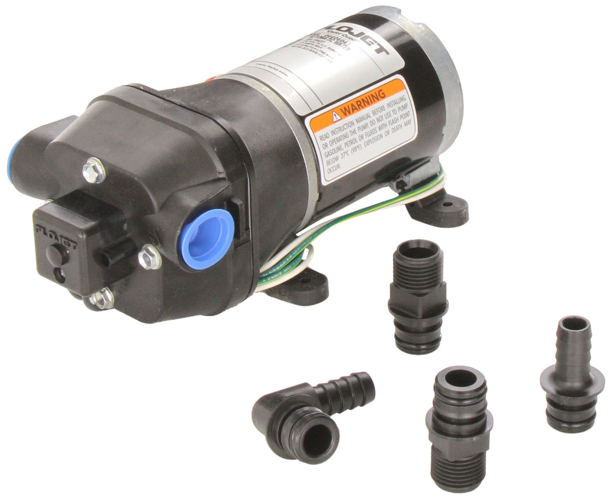 Jabsco Flojet 04406043A pump closeup, highlighting compact design for RV and marine use