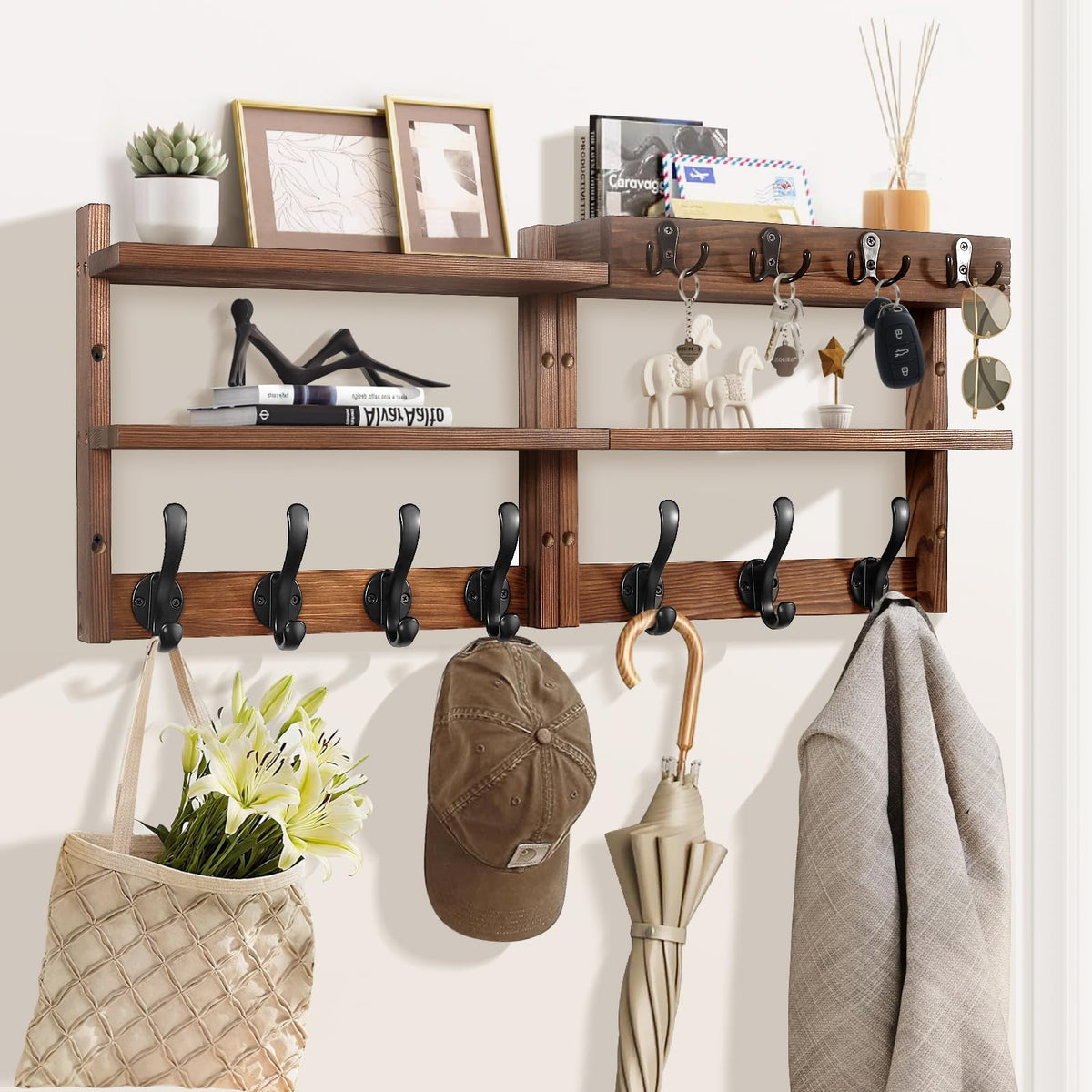 JAC HouseHold 29-inch coat rack shelf on a wall with durable pine finish for organized entry.