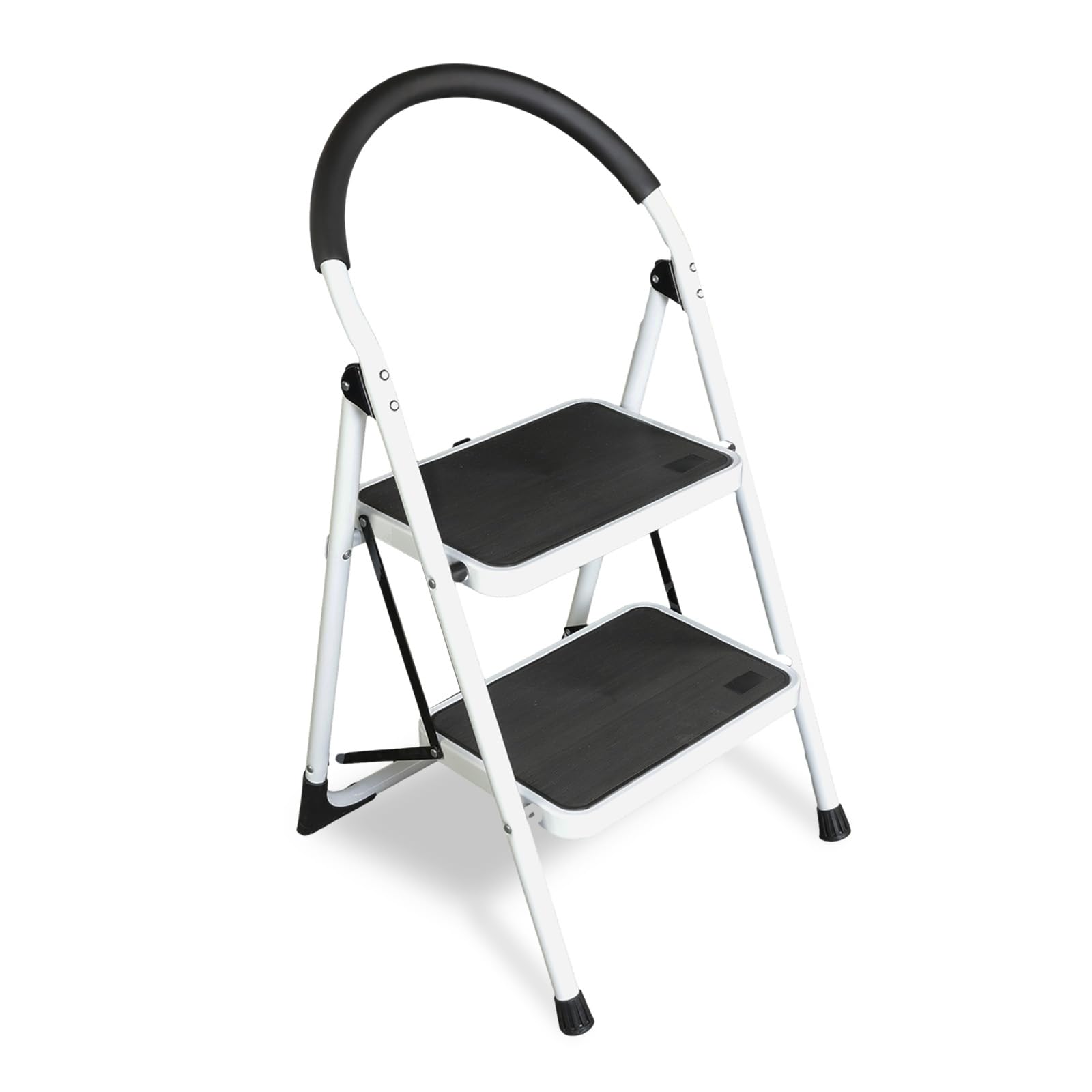 Jack Boss 2-step ladder folded for compact storage and quick transport.