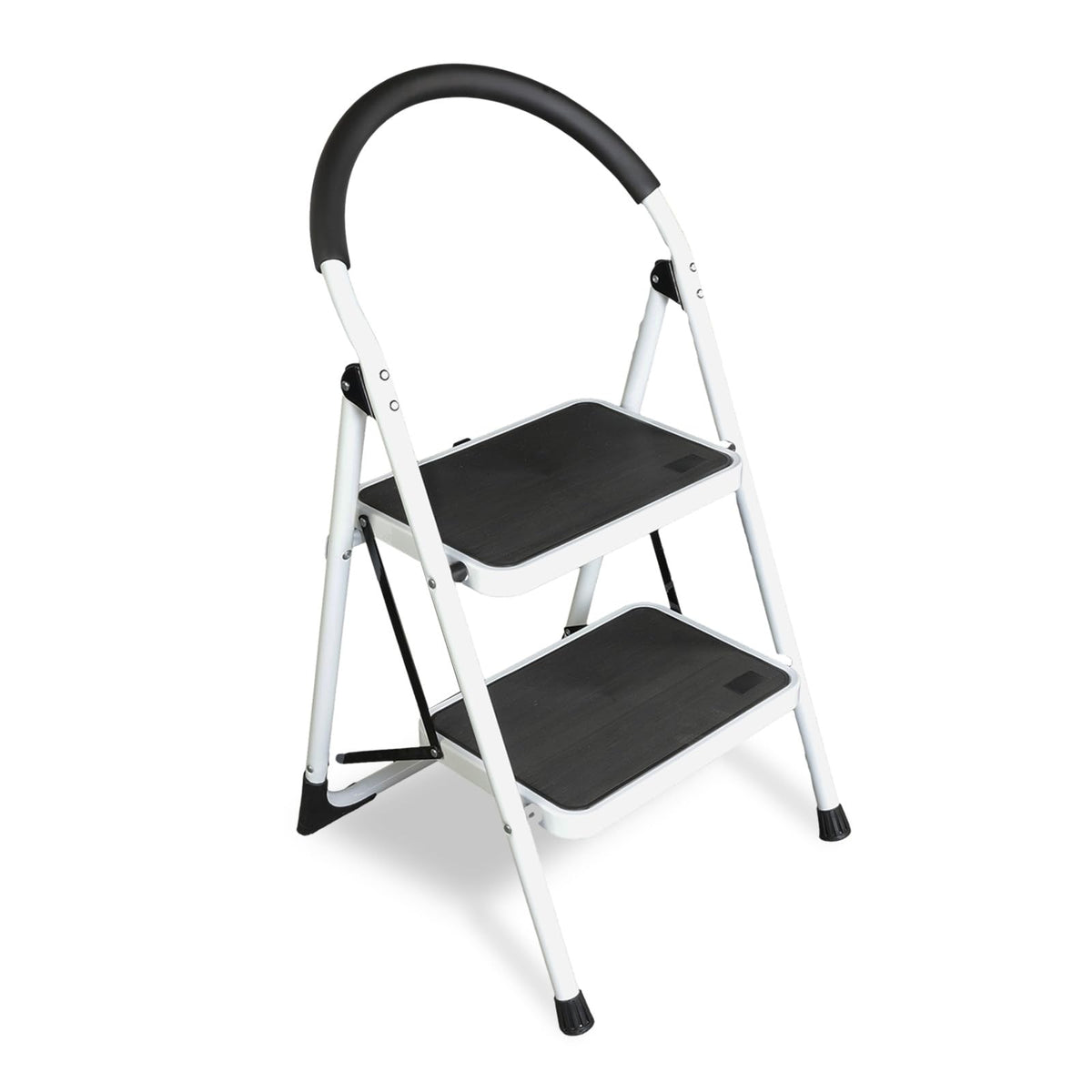 Jack Boss 2-step ladder folded for compact storage and quick transport.