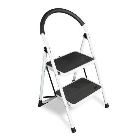Jack Boss 2-step ladder folded for compact storage and quick transport.