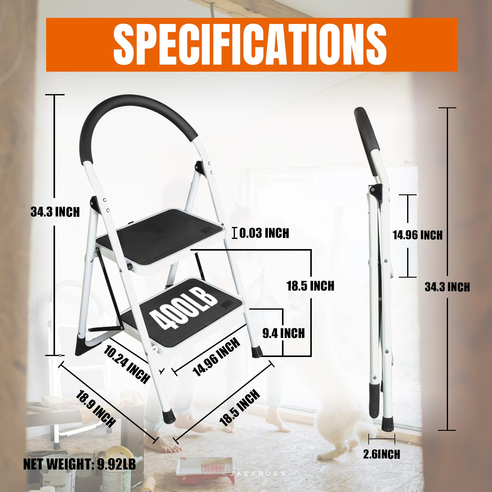 Jack Boss 2-step ladder open with wide anti-slip pedals for stability.