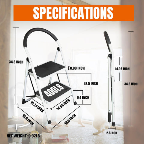 Jack Boss 2-step ladder open with wide anti-slip pedals for stability.